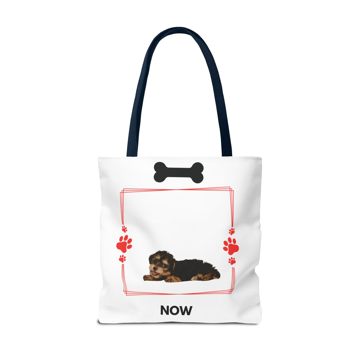 Personalized Puppy Photo & Name White Canvas Tote Bag — "Rocky" Before & Now Paw Print Design