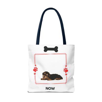 Personalized Puppy Photo & Name White Canvas Tote Bag — "Rocky" Before & Now Paw Print Design