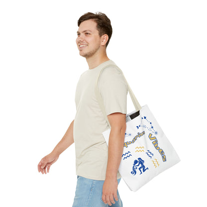Aquarius Zodiac White Canvas Tote Bag — Personalized Birth Year & Initials