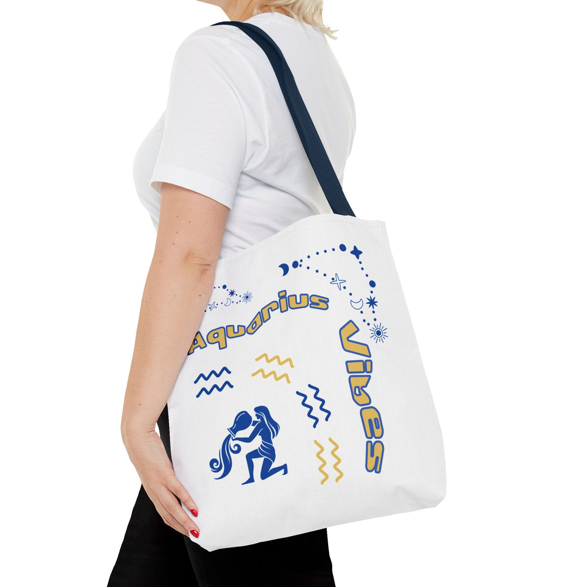 Aquarius Zodiac White Canvas Tote Bag — Personalized Birth Year & Initials