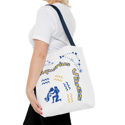 Aquarius Zodiac White Canvas Tote Bag — Personalized Birth Year & Initials