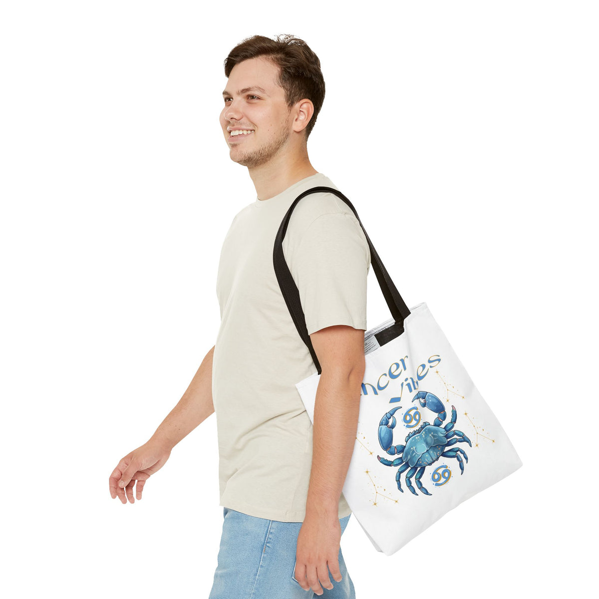 Personalized Initials & D.O.B Cancer Zodiac White Canvas Tote Bag – June 21–July 22 Astrology Gift