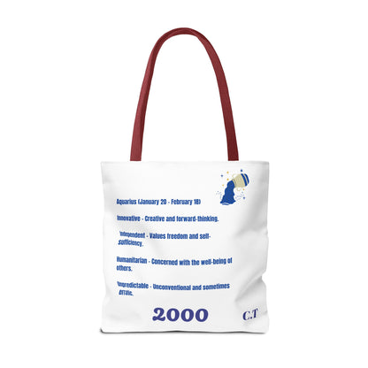 Aquarius Zodiac White Canvas Tote Bag — Personalized Birth Year & Initials