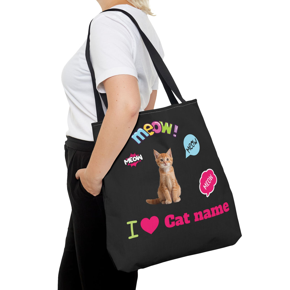 Personalized Cat Lover Canvas Tote Bag — "I  Cat name" Customizable Cat Photo Tote