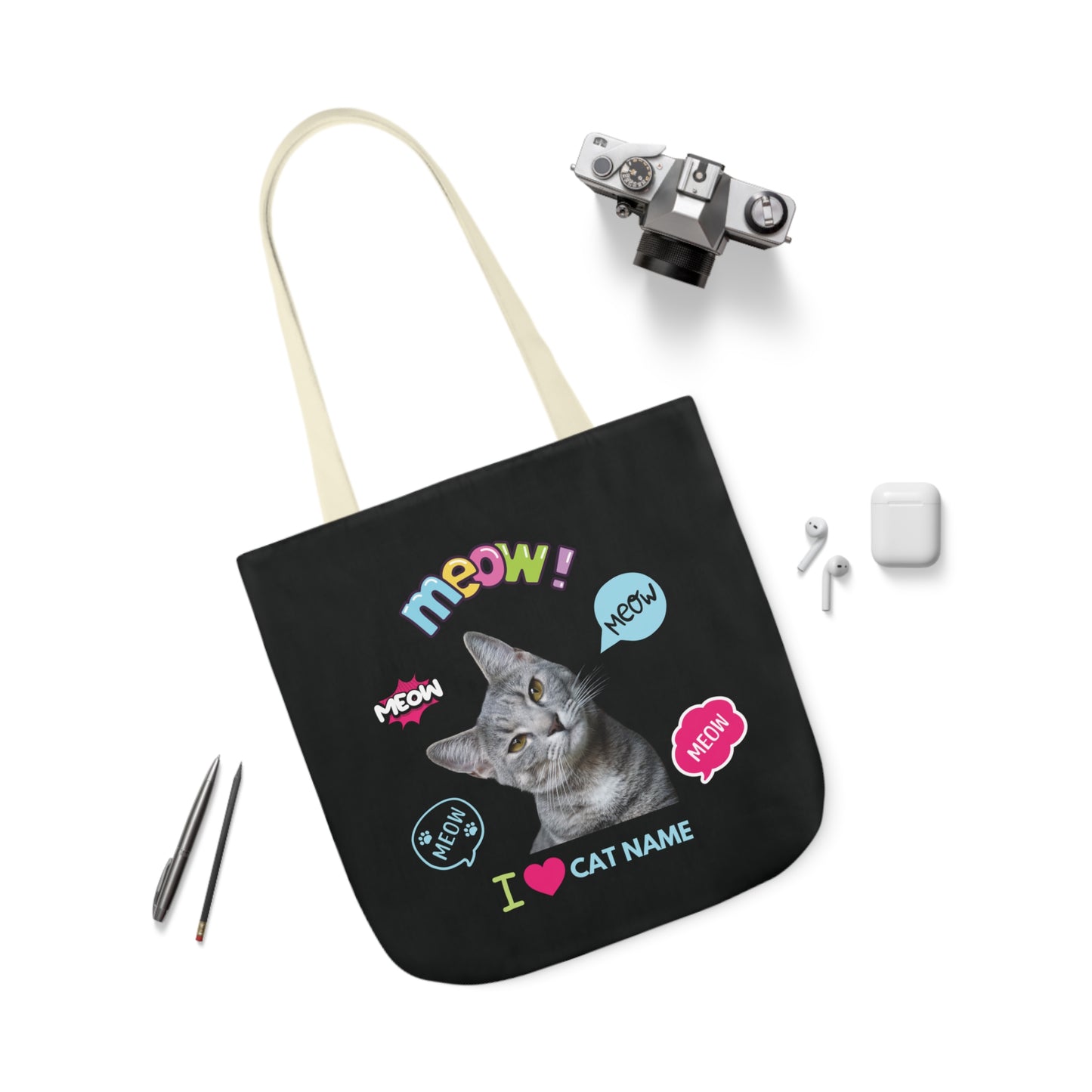 Black Personalized Cat Canvas Tote Bag