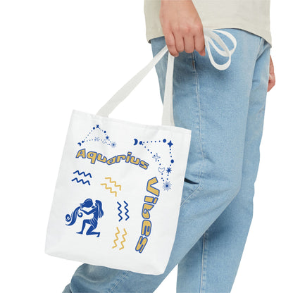 Aquarius Zodiac White Canvas Tote Bag — Personalized Birth Year & Initials
