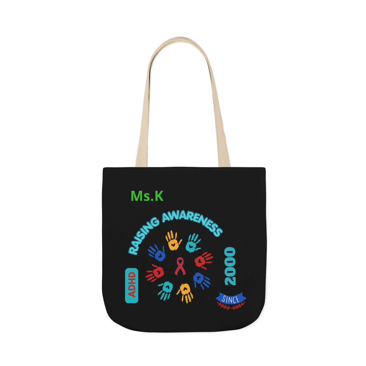 Autism Awareness Canvas Tote — Rainbow Handprints & Ribbon Design