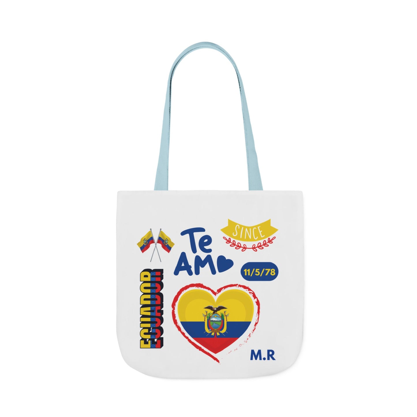 Ecuadorian Pride White Canvas Tote Bag with 5-Color Straps – Te Amo & Yo Soy Designs( Personalized Date of Birth & initials)