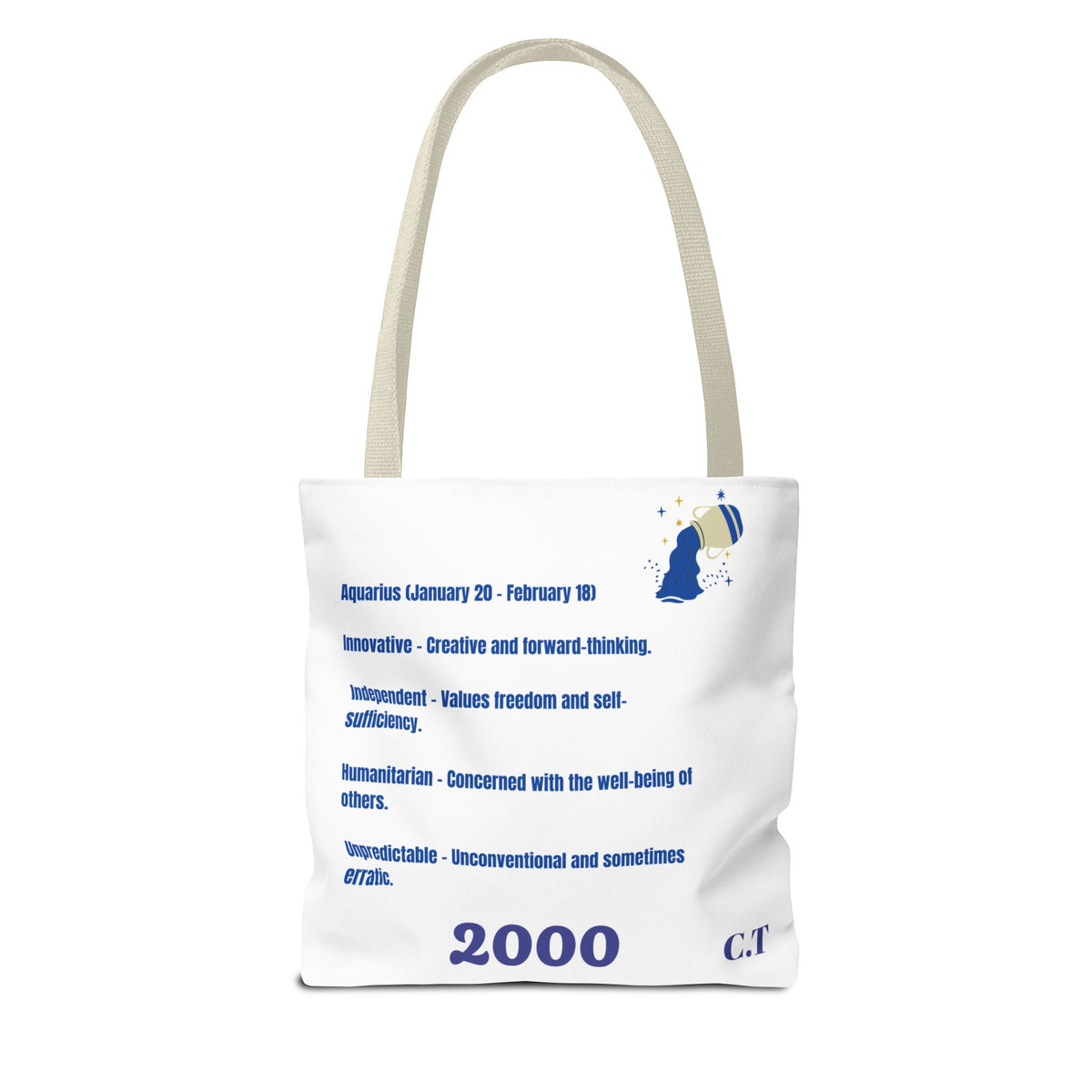 Aquarius Zodiac White Canvas Tote Bag — Personalized Birth Year & Initials
