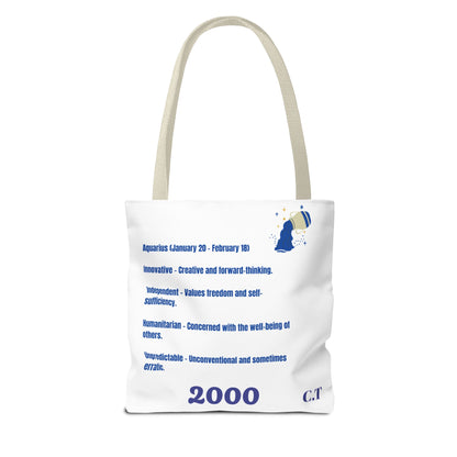 Aquarius Zodiac White Canvas Tote Bag — Personalized Birth Year & Initials