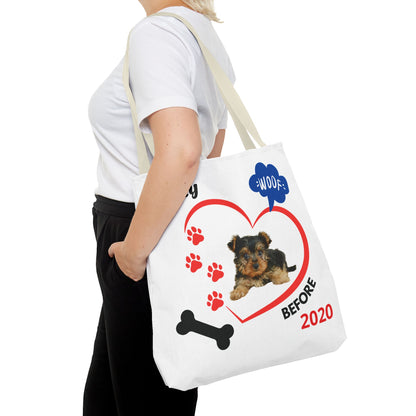 Personalized Puppy Photo & Name White Canvas Tote Bag — "Rocky" Before & Now Paw Print Design