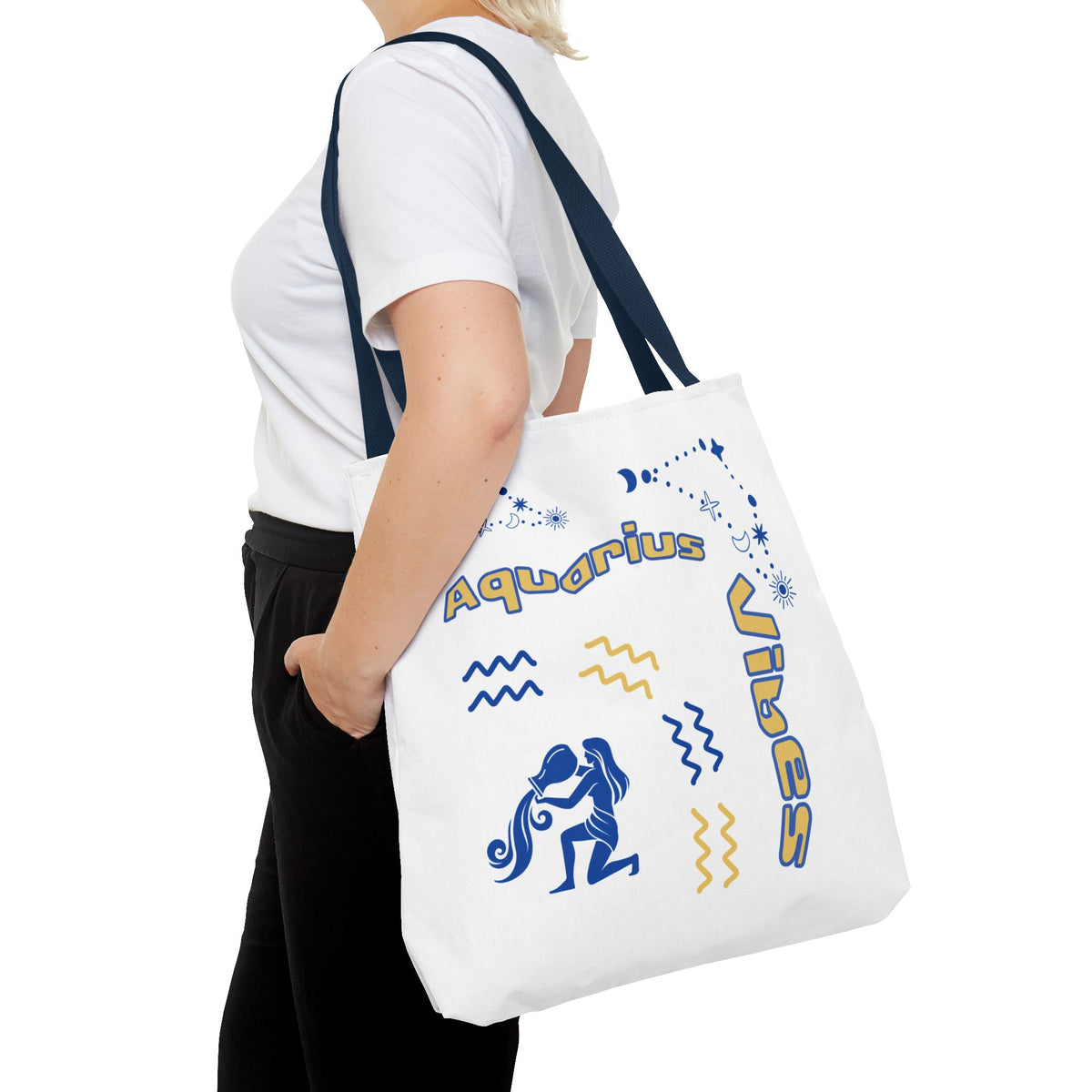 Aquarius Zodiac White Canvas Tote Bag — Personalized Birth Year & Initials