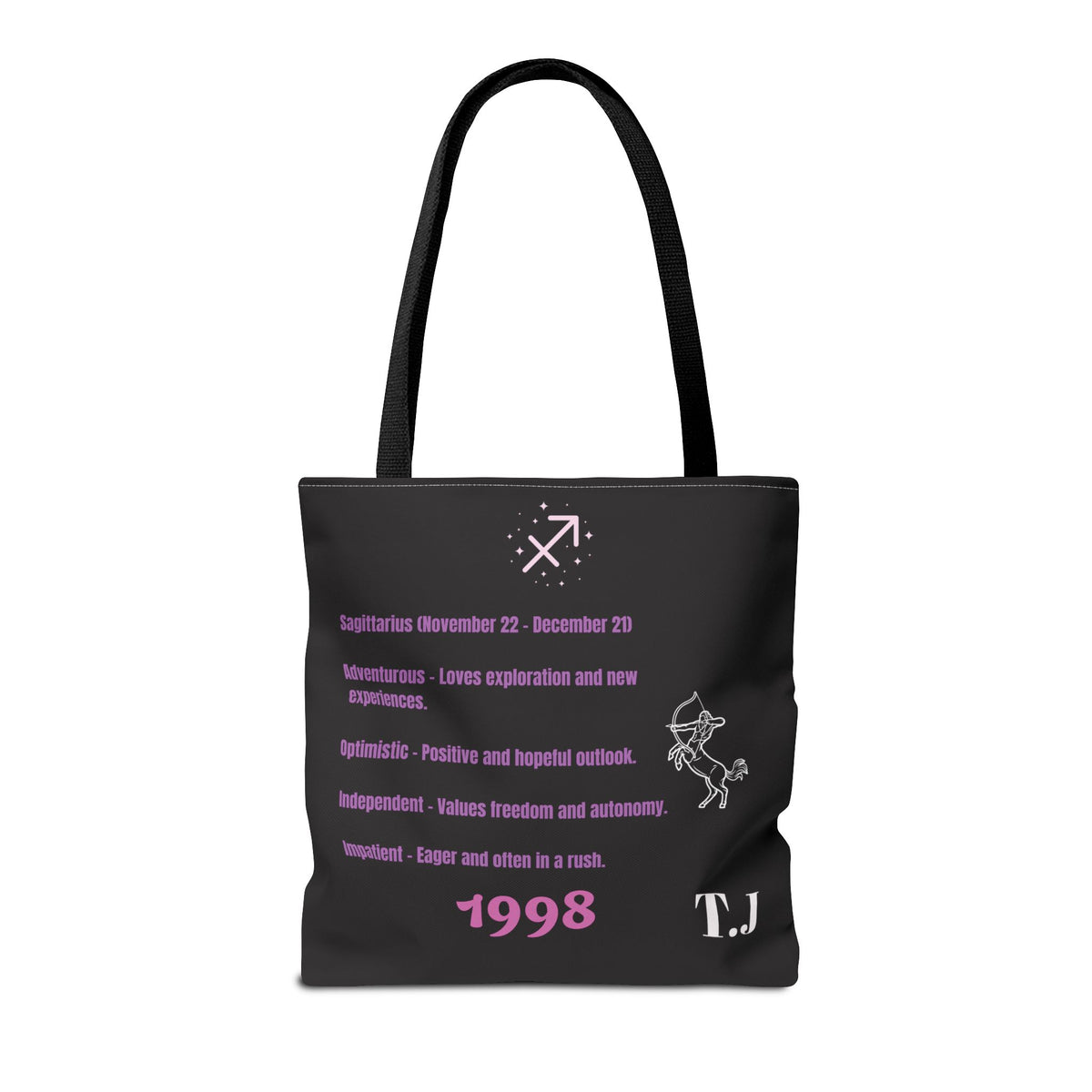 Personalized Initial & D.O.B Sagittarius Zodiac BlackCanvas Tote Bag