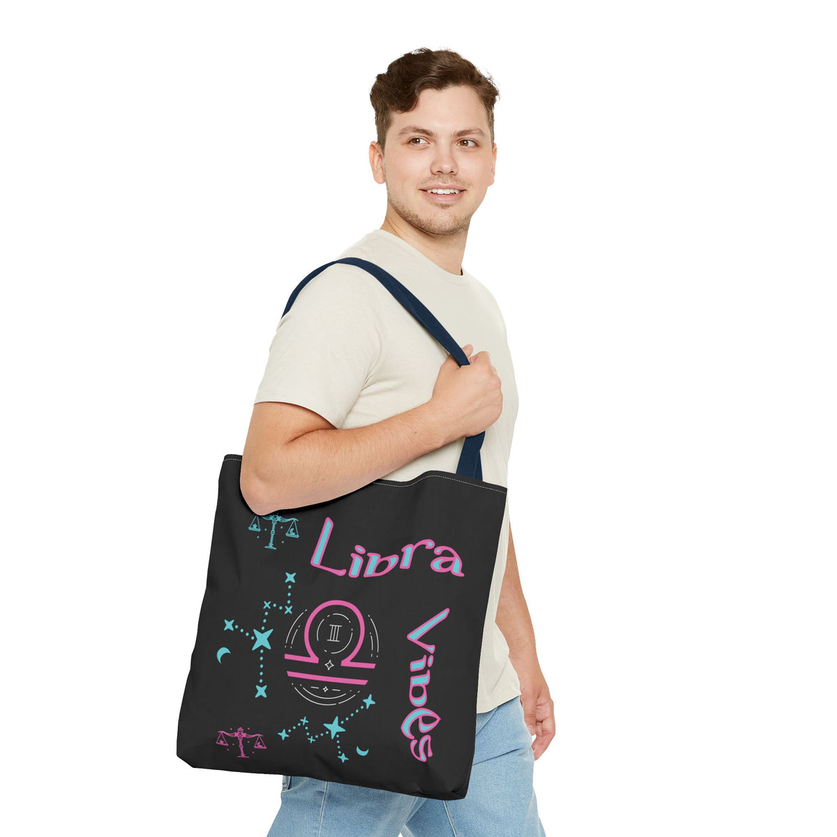 Personalized Initial & D.O.B Libra Zodiac Black Tote Bag with Traits & Birth Year (1997)
