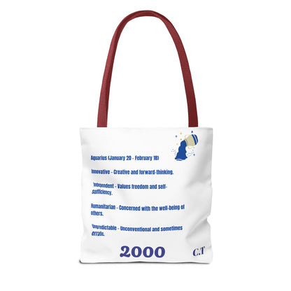 Aquarius Zodiac White Canvas Tote Bag — Personalized Birth Year & Initials