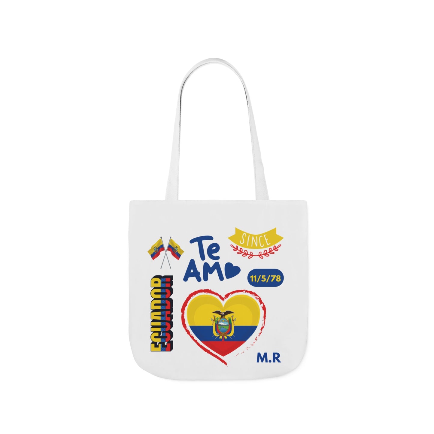 Ecuadorian Pride White Canvas Tote Bag with 5-Color Straps – Te Amo & Yo Soy Designs( Personalized Date of Birth & initials)