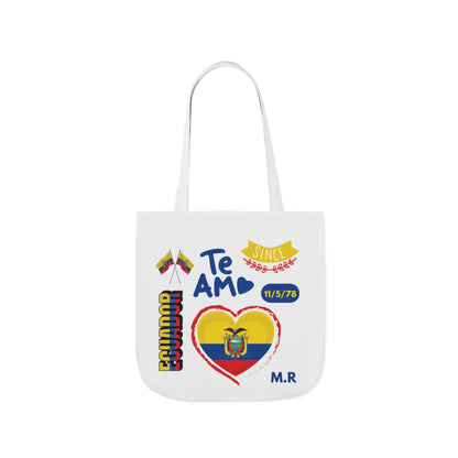 Ecuadorian Pride White Canvas Tote Bag with 5-Color Straps – Te Amo & Yo Soy Designs( Personalized Date of Birth & initials)