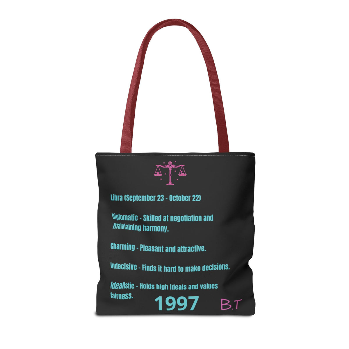 Personalized Initial & D.O.B Libra Zodiac Black Tote Bag with Traits & Birth Year (1997)