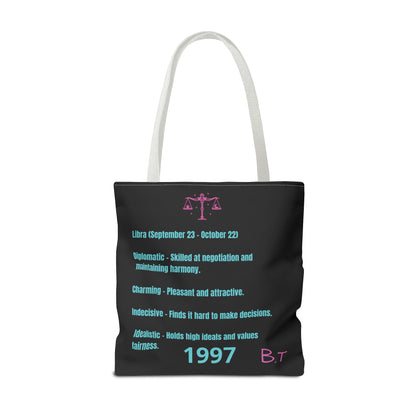 Personalized Initial & D.O.B Libra Zodiac Black Tote Bag with Traits & Birth Year (1997)