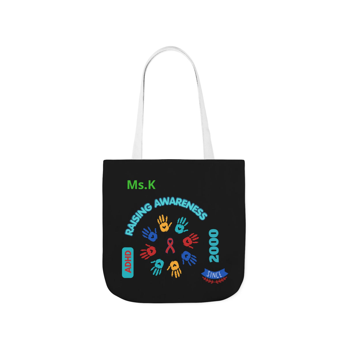 Autism Awareness Canvas Tote — Rainbow Handprints & Ribbon Design