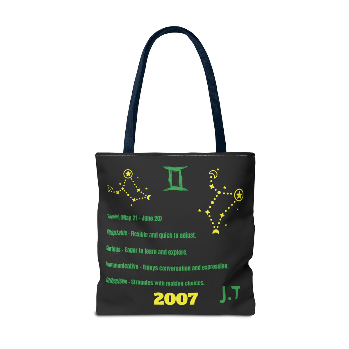 Personalized Initial & D.O.B Gemini Vibes black Zodiac Tote Bag