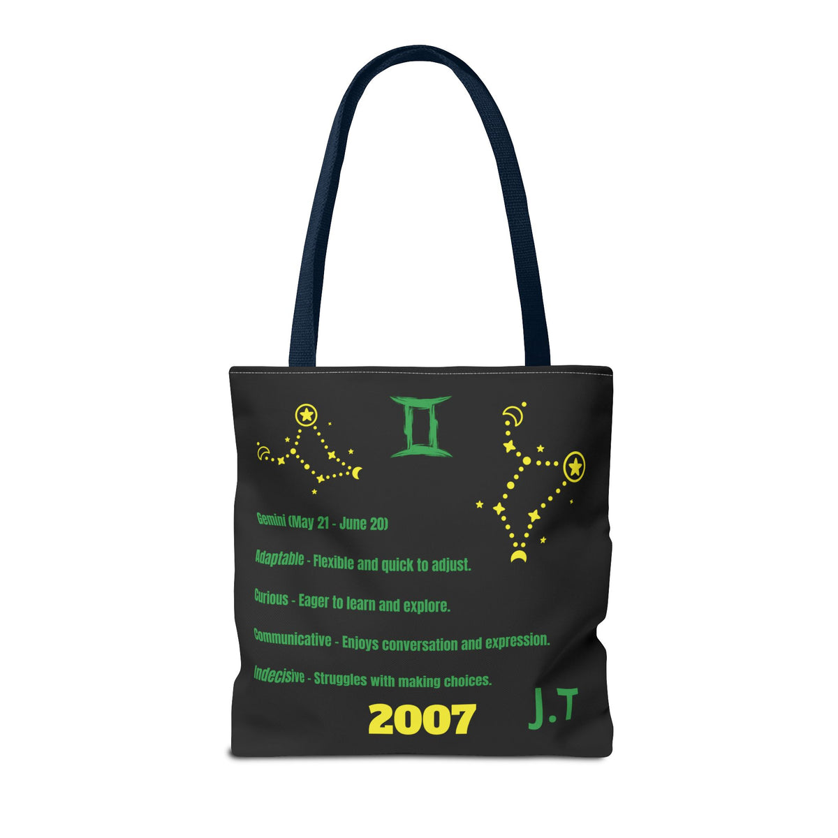 Personalized Initial & D.O.B Gemini Vibes black Zodiac Tote Bag