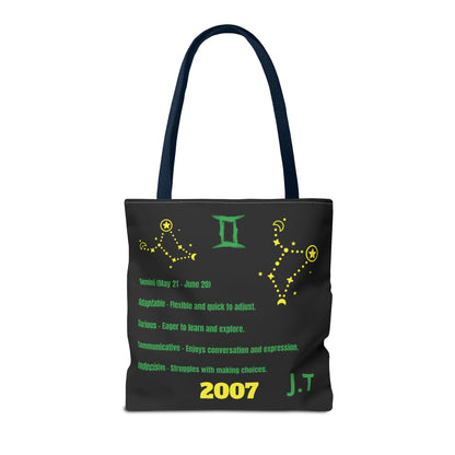 Personalized Initial & D.O.B Gemini Vibes black Zodiac Tote Bag