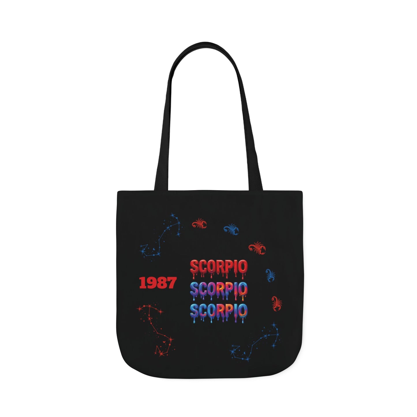 Personalized D.O.B Scorpio 1987 Tote Bag with initials in back — Zodiac Canvas Tote with Neon Scorpion Design