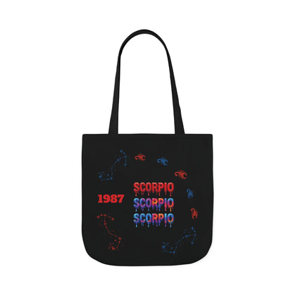 Personalized D.O.B Scorpio 1987 Tote Bag with initials in back — Zodiac Canvas Tote with Neon Scorpion Design