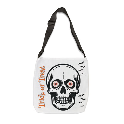 Personalized initial white  and black Halloween Skull Tote Bag — "Trick or Treat" Adjustable Candy Bag