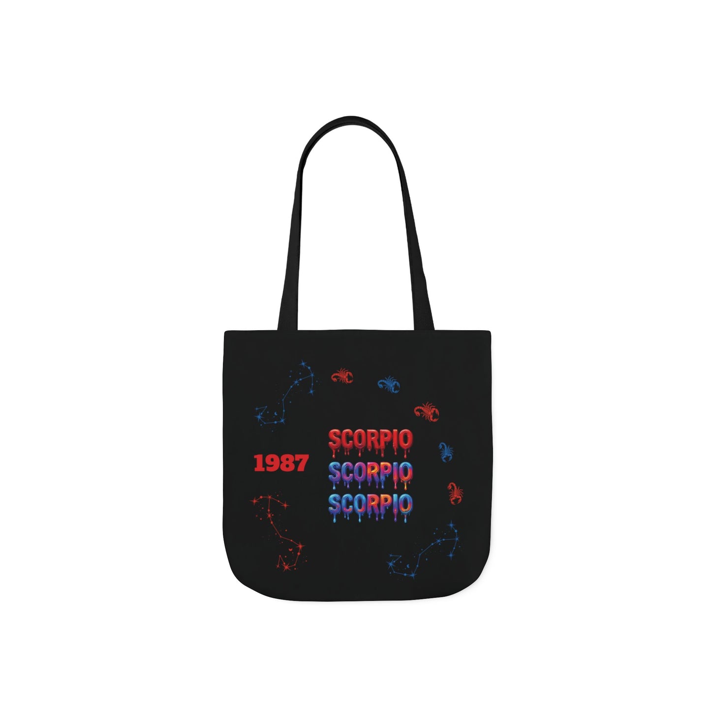 Personalized D.O.B Scorpio 1987 Tote Bag with initials in back — Zodiac Canvas Tote with Neon Scorpion Design
