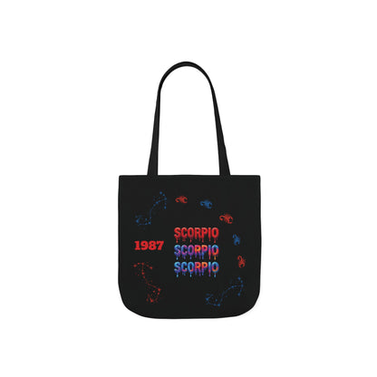 Personalized D.O.B Scorpio 1987 Tote Bag with initials in back — Zodiac Canvas Tote with Neon Scorpion Design