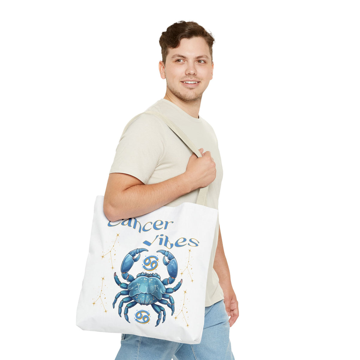 Personalized Initials & D.O.B Cancer Zodiac White Canvas Tote Bag – June 21–July 22 Astrology Gift