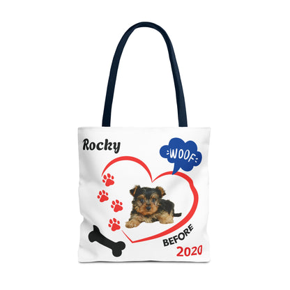 Personalized Puppy Photo & Name White Canvas Tote Bag — "Rocky" Before & Now Paw Print Design