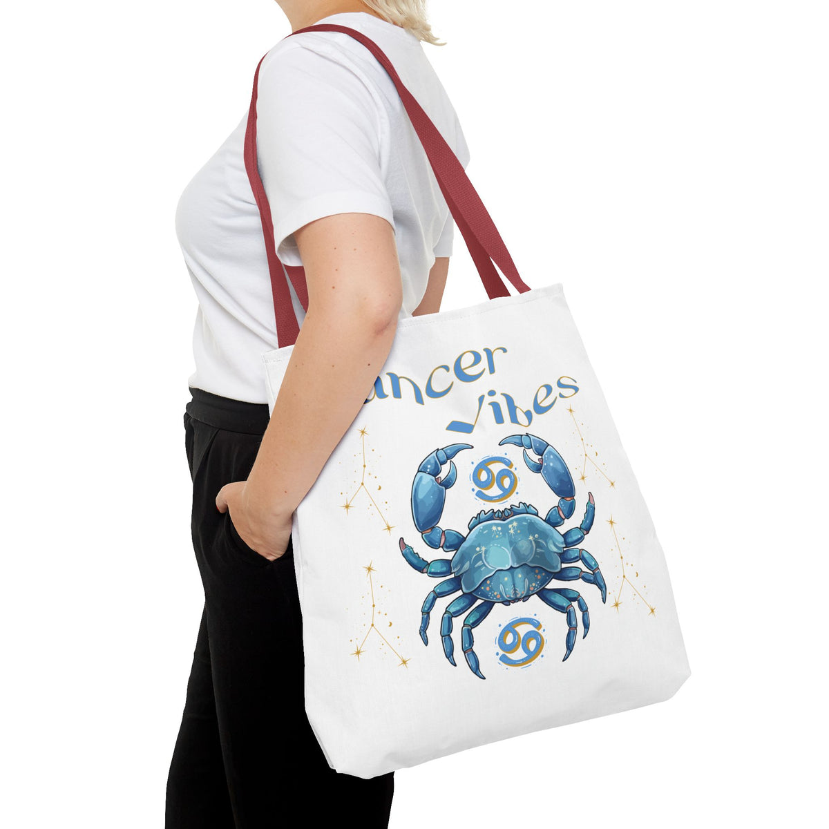Personalized Initials & D.O.B Cancer Zodiac White Canvas Tote Bag – June 21–July 22 Astrology Gift