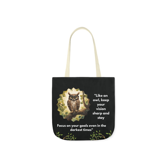 Black Owl design picture canvas tote bag, with a quote talking about life goals.