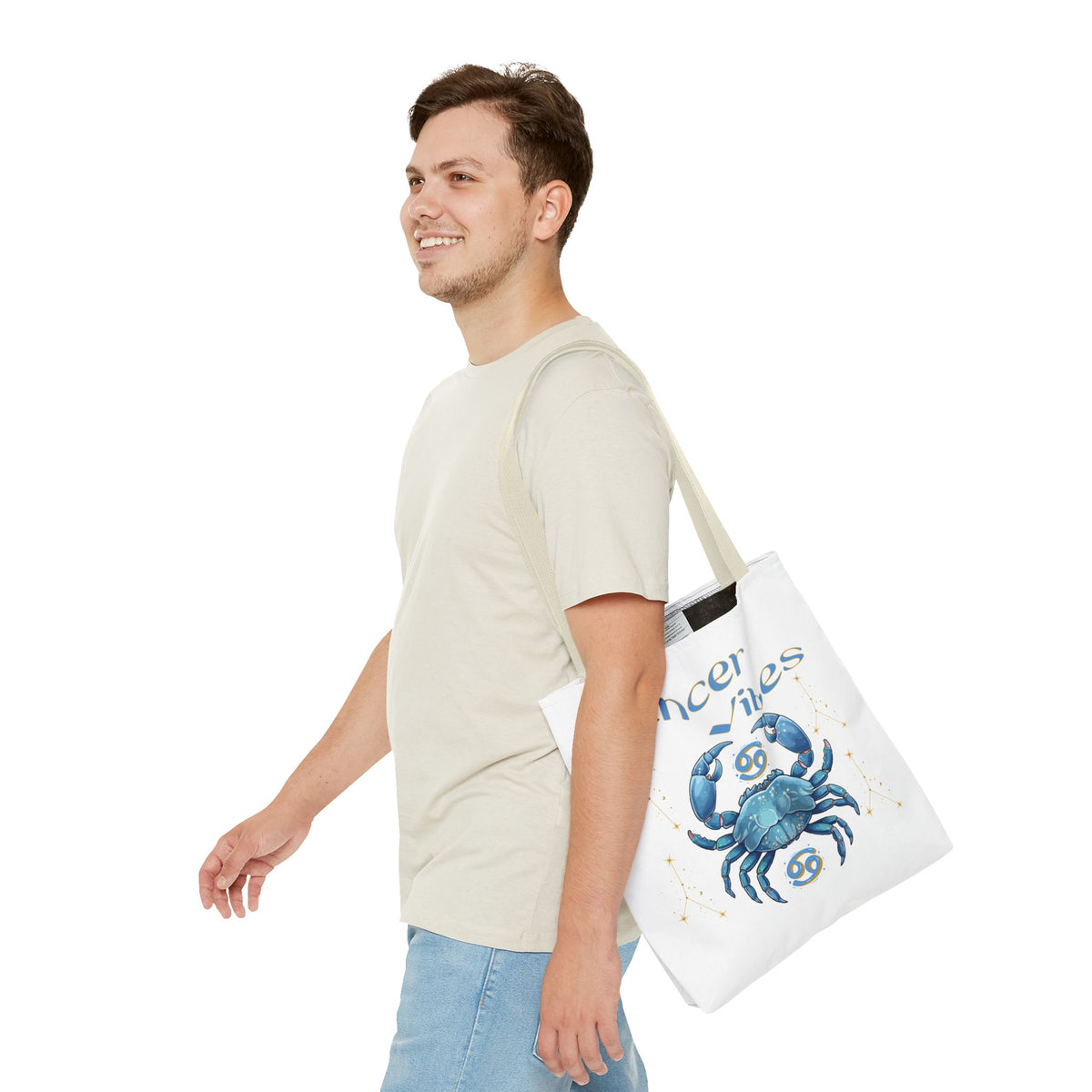 Personalized Initials & D.O.B Cancer Zodiac White Canvas Tote Bag – June 21–July 22 Astrology Gift