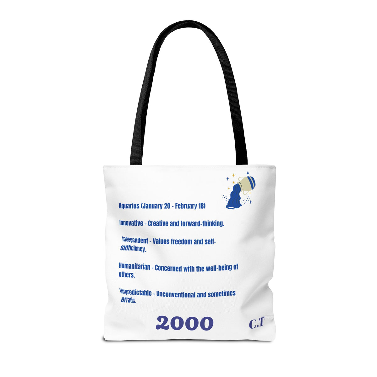 Aquarius Zodiac White Canvas Tote Bag — Personalized Birth Year & Initials