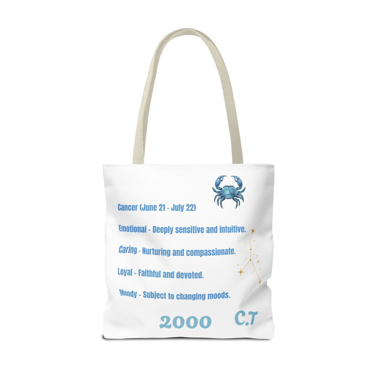 Personalized Initials & D.O.B Cancer Zodiac White Canvas Tote Bag – June 21–July 22 Astrology Gift