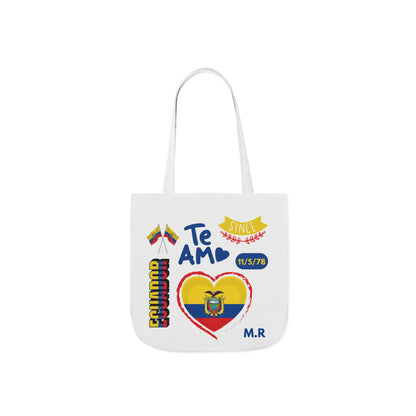 Ecuadorian Pride White Canvas Tote Bag with 5-Color Straps – Te Amo & Yo Soy Designs( Personalized Date of Birth & initials)