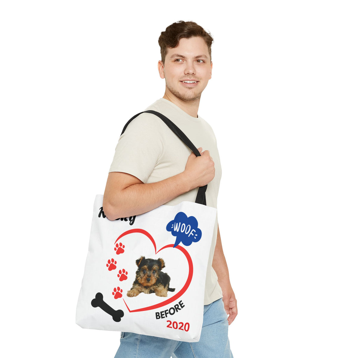 Personalized Puppy Photo & Name White Canvas Tote Bag — "Rocky" Before & Now Paw Print Design