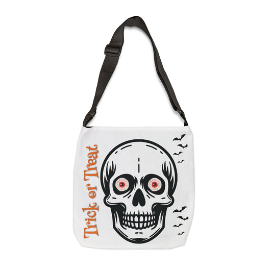 Personalized initial white  and black Halloween Skull Tote Bag — "Trick or Treat" Adjustable Candy Bag