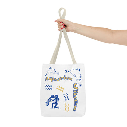 Aquarius Zodiac White Canvas Tote Bag — Personalized Birth Year & Initials