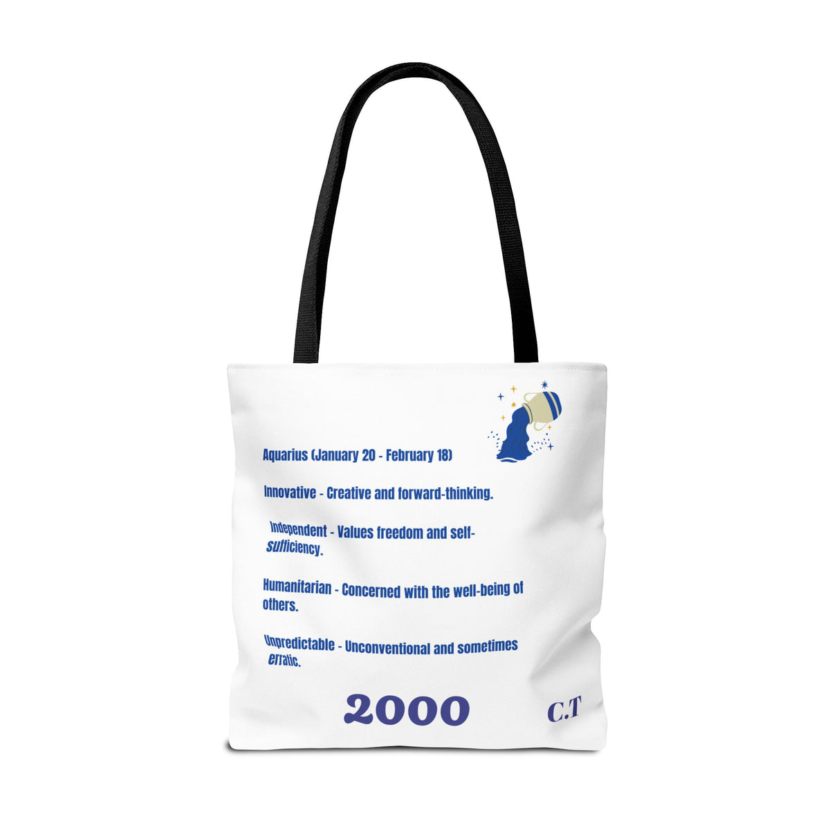 Aquarius Zodiac White Canvas Tote Bag — Personalized Birth Year & Initials