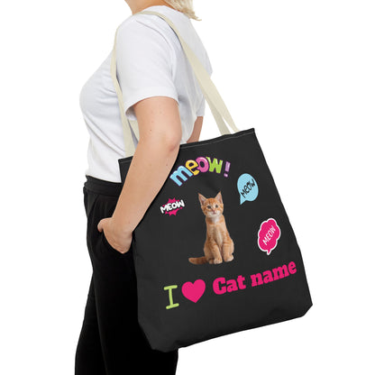 Personalized Cat Lover Canvas Tote Bag — "I  Cat name" Customizable Cat Photo Tote
