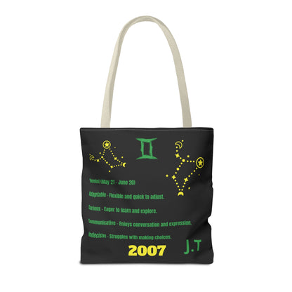 Personalized Initial & D.O.B Gemini Vibes black Zodiac Tote Bag