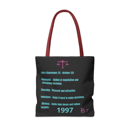 Personalized Initial & D.O.B Libra Zodiac Black Tote Bag with Traits & Birth Year (1997)