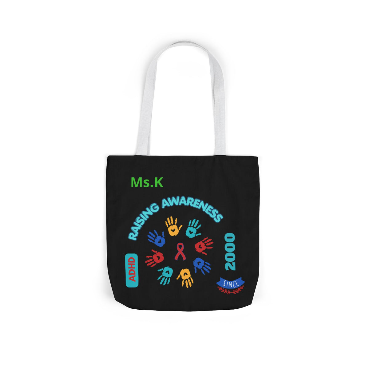 Autism Awareness Canvas Tote — Rainbow Handprints & Ribbon Design