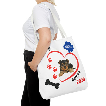 Personalized Puppy Photo & Name White Canvas Tote Bag — "Rocky" Before & Now Paw Print Design
