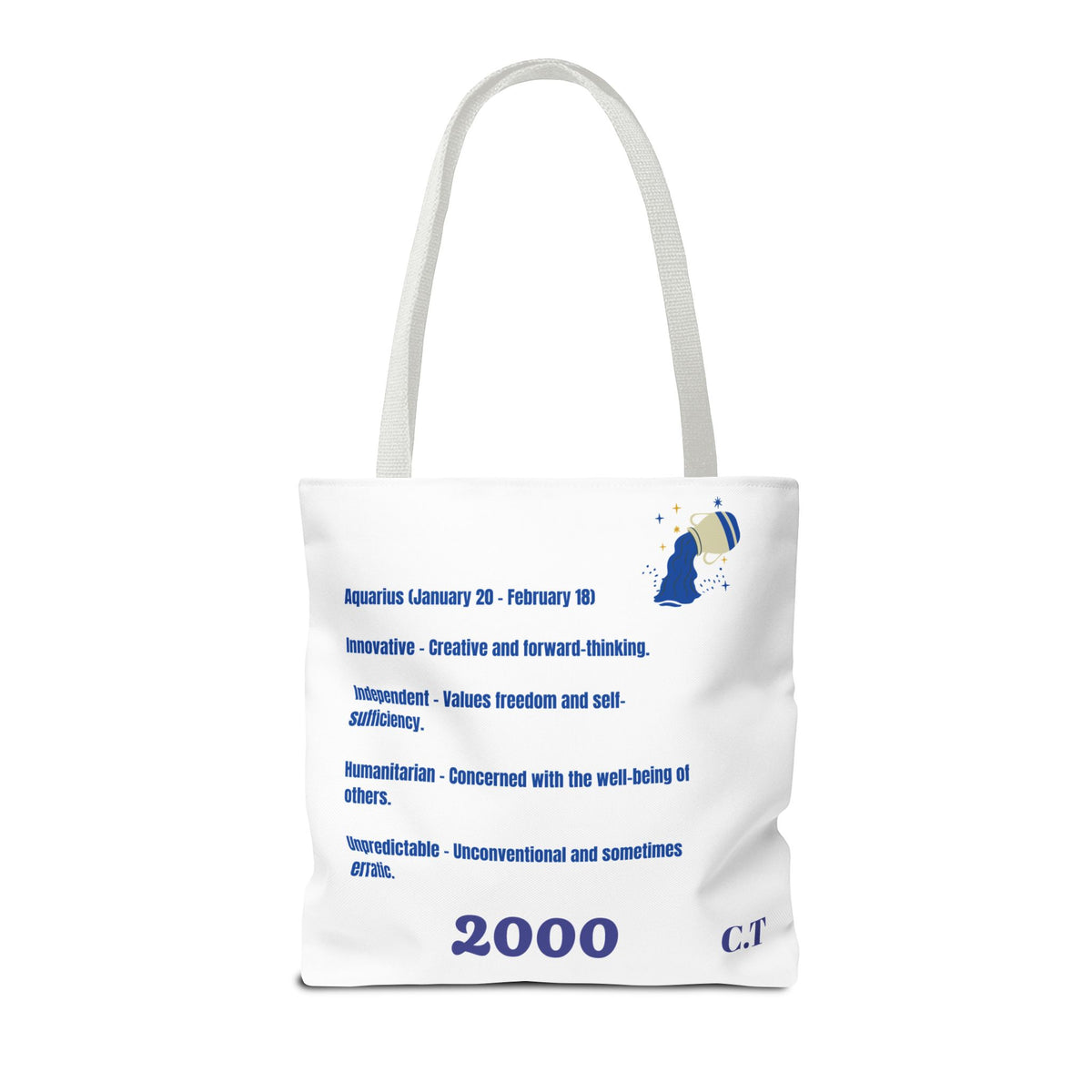 Aquarius Zodiac White Canvas Tote Bag — Personalized Birth Year & Initials